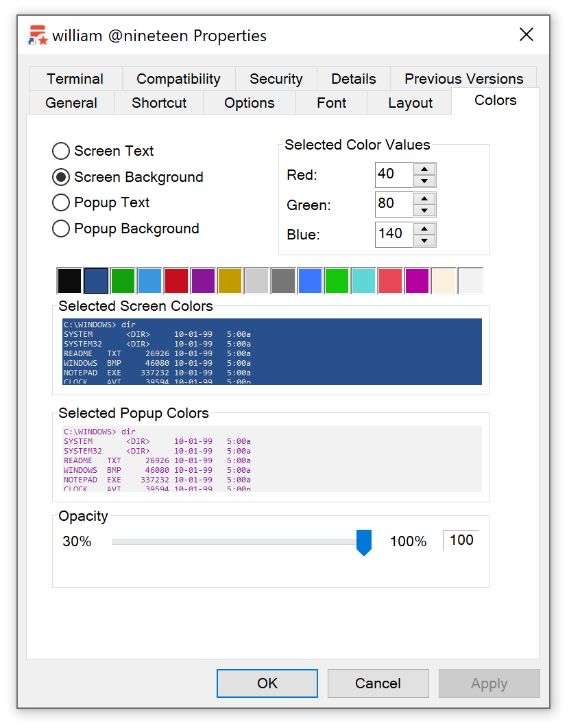 [Shortcut properties, colour tab]