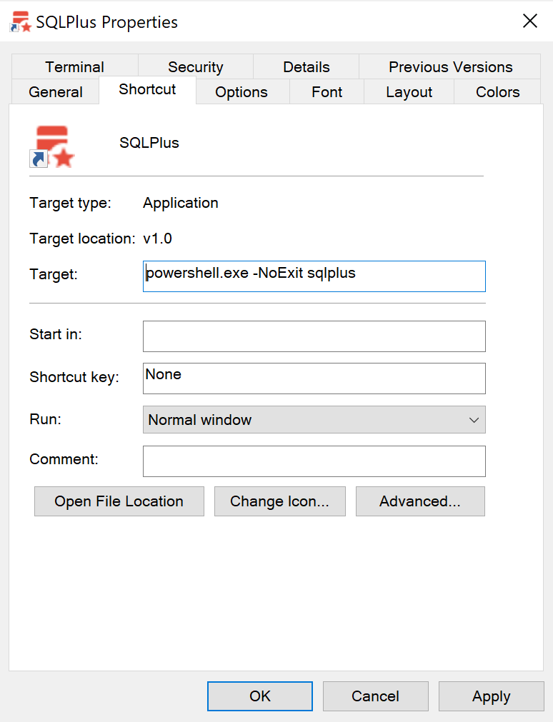 Shortcut for launching SQL*Plus in a PowerShell window Shortcut for launching SQL*Plus in a PowerShell window
